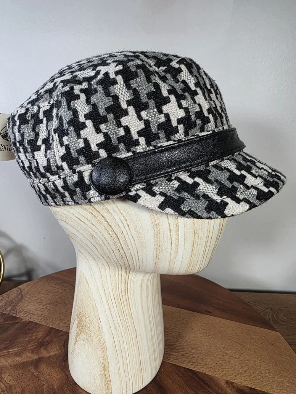 NEW San Diego Hat Company Black & White Houndstooth Cadet Hat Faux-Leather Band